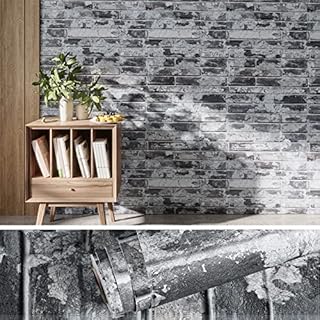 VEELIKE Black and Grey Brick Wallpaper Self-Adhesive Stone Effect Wallpaper Vintage Brick Contact Paper for Living Room Bathroom Waterproof Thick Lining Paper for Walls Kitchen Removable 40cm x 300cm