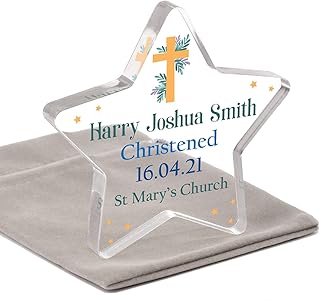 Personalised Christening Gifts for Boys, Christening Gifts for Godson Grandson Nephew, Gifts From Godmother Godfather, Christening Star Keepsake, With Grey Bag