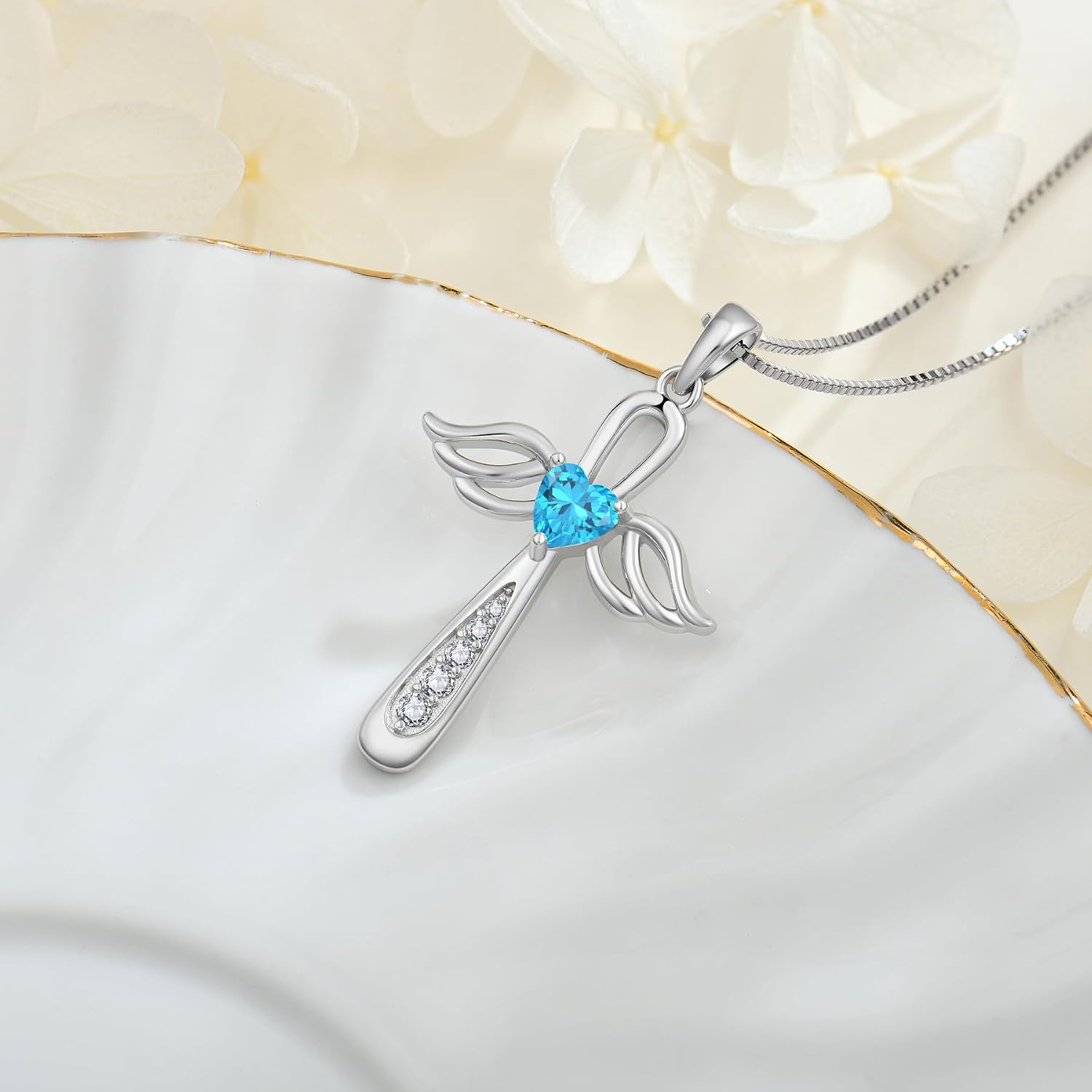 Angel Wings Pendant Necklace for Women 925 Sterling Silver Cross Necklace Leverback Earrings Angel Wing dangle Earrings Christian Cross Earrings March Birthstone Aquamarine Color