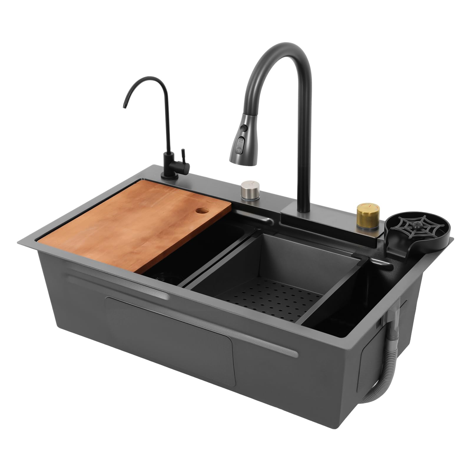 Wasserfall Spüle Küche mit 4 Wasserauslassmod Multifunktionale Haushaltsspüle Set Edelstahl Spülbecken mit Ausziehhahn (75 * 45 * 21cm)