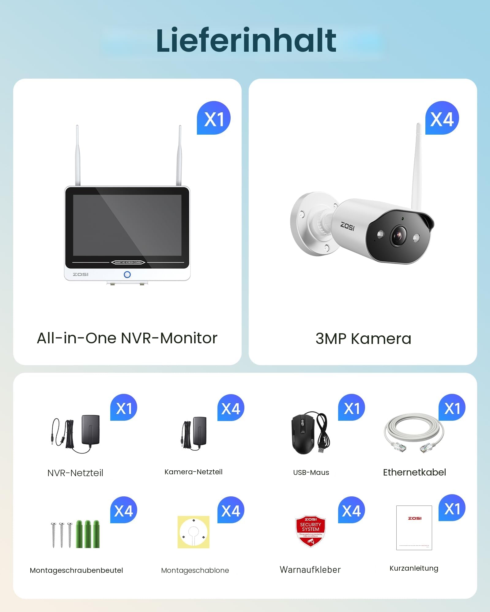 ZOSI 2K Wi-Fi 6 Überwachungskamera Set Aussen mit 12" Monitor-NVR, 1TB | 4x 3MP WLAN-Kameras mit 2-Wege Audio, KI Personen-/Fahrzeugerkennung, Farbnachtsicht, 24/7 Videoüberwachung für Innen & Außen