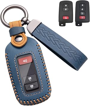 for Toyota RAV4 Highlander Camry Key Fob Cover, Leather Case, Blue | Fits 4Runner, Corolla, Tacoma, Tundra, Sequoia, Prius, Avalon, C-HR, Land Cruiser; Crazy Horse leather + TPU, 3/4 buttons.