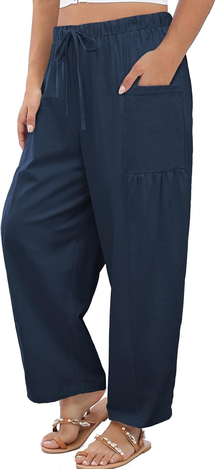 Eytino Womens Plus Size Wide Leg Pants Elastic Waist Drawstring Casual Palazzo Pants Lounge Trouser with Pockets(1X-5X)