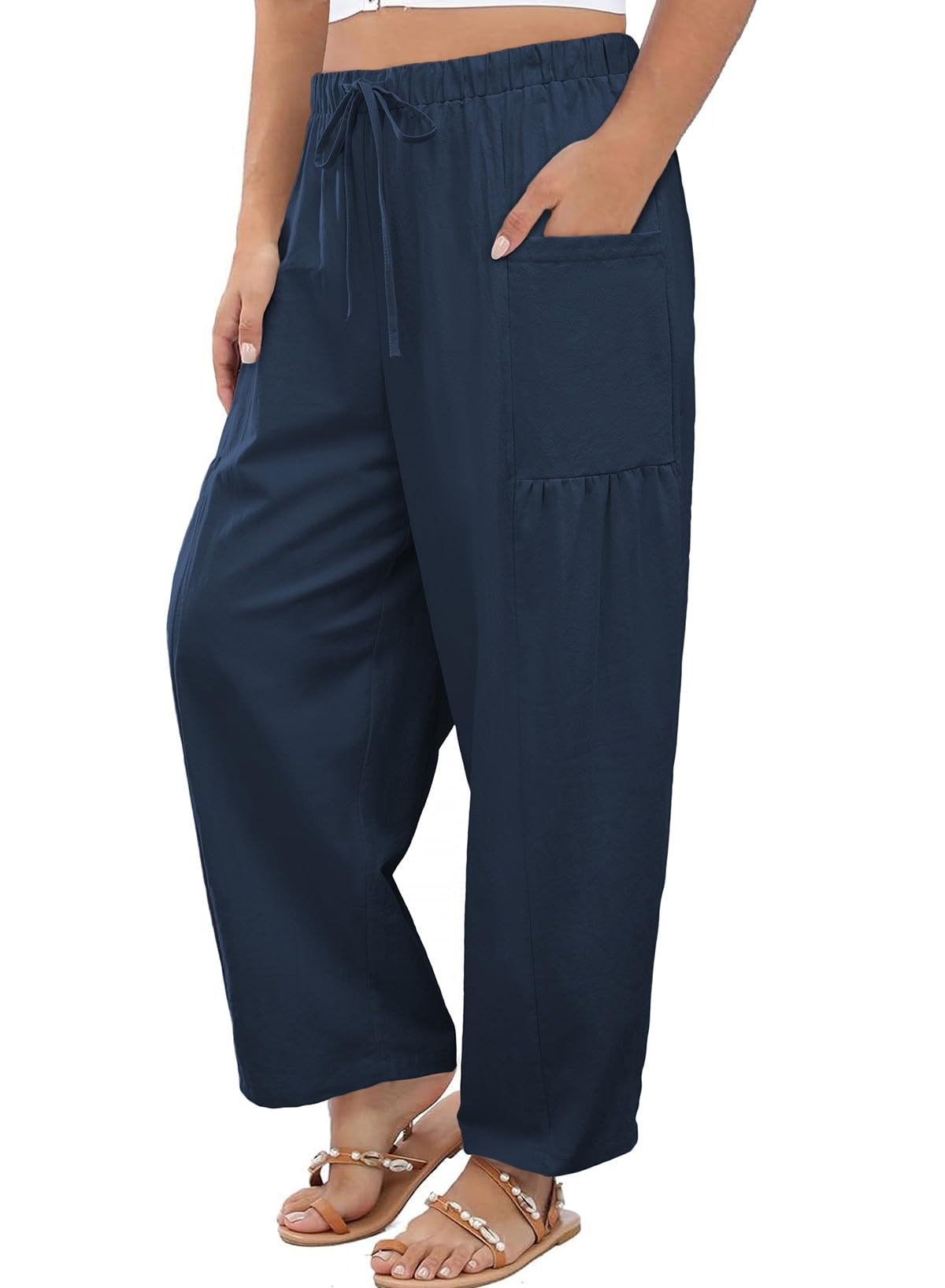 Eytino Womens Plus Size Wide Leg Pants Elastic Waist Drawstring Casual Palazzo Pants Lounge Trouser with Pockets 1X-5X