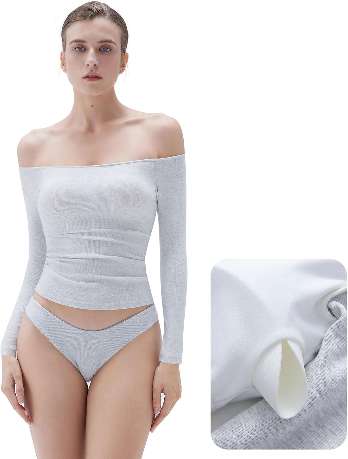 SUUKSESS Women Padded Off The Shoulder Tops Ribbed Long Sleeve Shirts Fall Basic