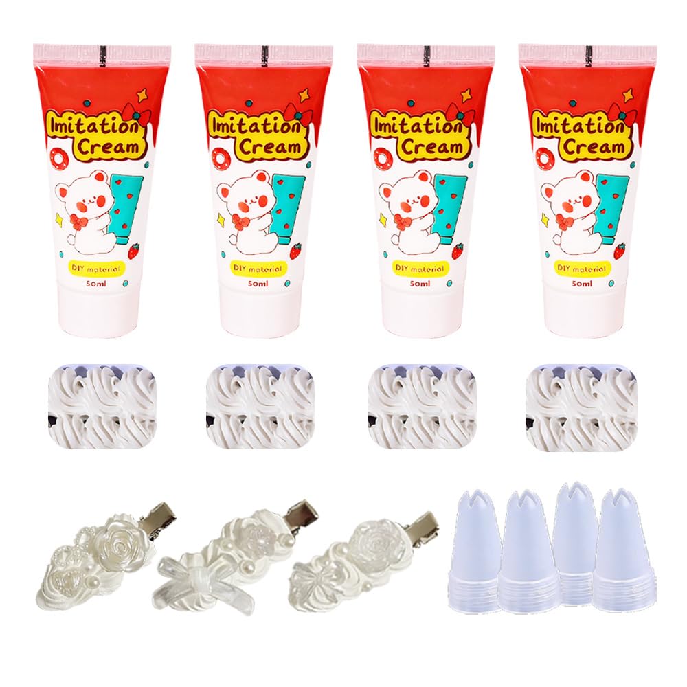 White Decoden Cream Glue Set，4 Pack 50ml Whipped Cream Glue with 4 Piping Tips, Ideal for Phone Case Decoration Jewelry Making & Handmade Crafts