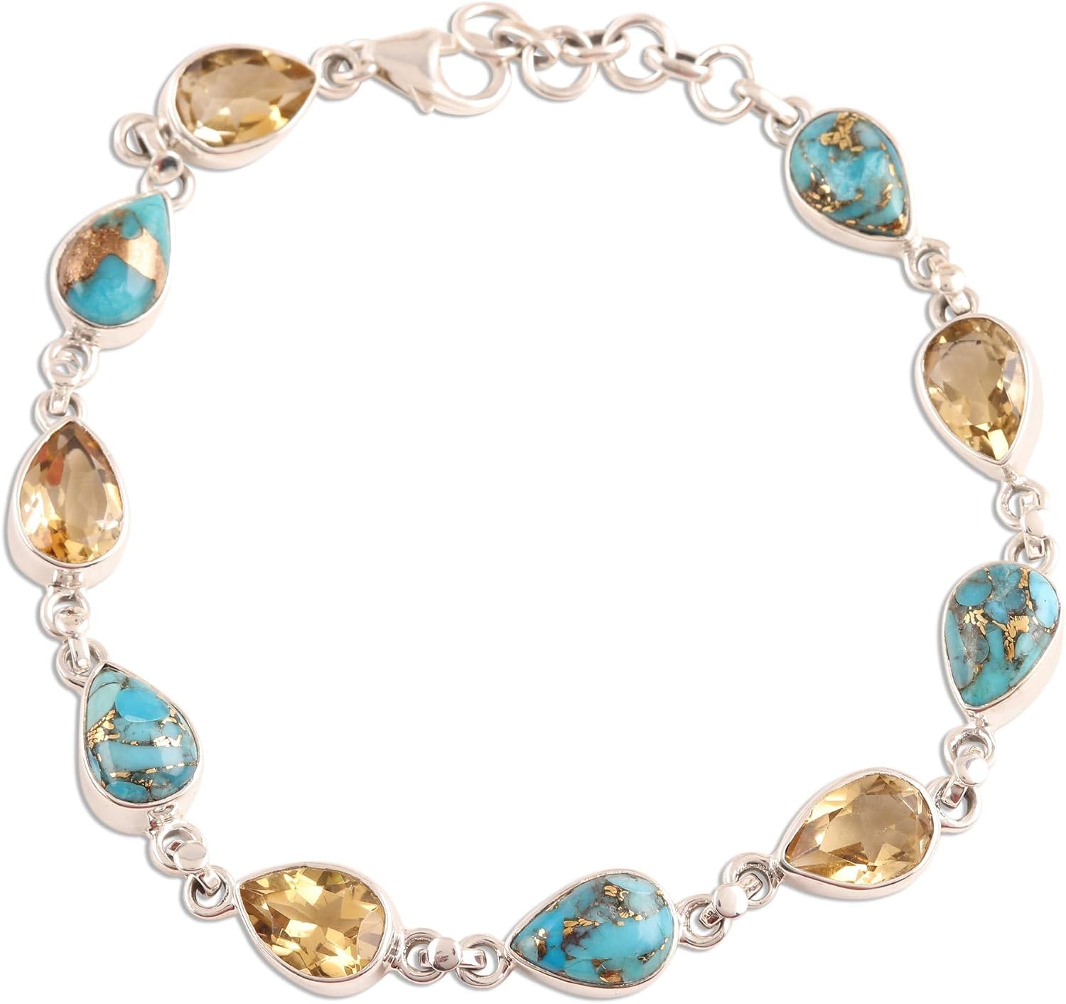 NOVICA Handmade Citrine Link Bracelet from India .925 Sterling Silver Reconstituted Turquoise Gemstone Birthstone [7.75 in min L x 8.75 in max L x 0.3 in W] 'Tears of India'