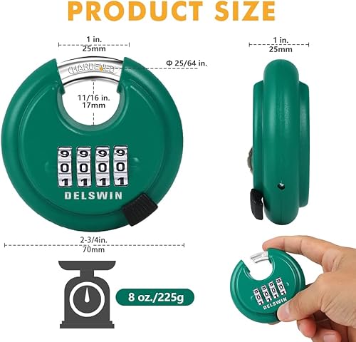 Miniatura 5 de DELSWIN Candado de combinación de 4 dígitos, candado de combinación de disco para exteriores con grillete de 38 pulgadas, bloqueo de almohadilla