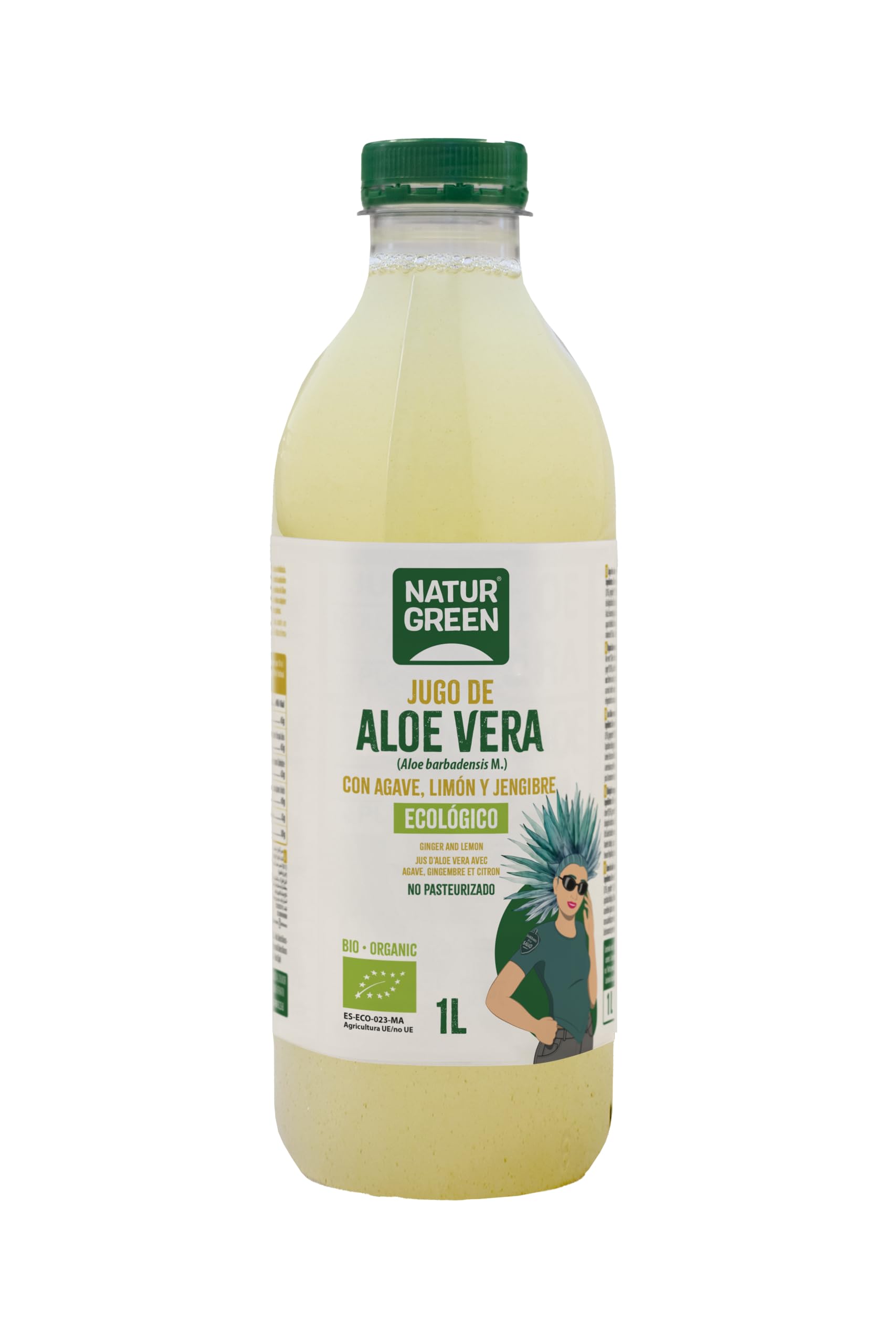 NaturGreen - Jugo de Aloe Vera Bio con Agave, Jengibre y Limón, 12 unidades x 1 Litro, No Pasteurizado, con Fibra de Hoja Fresca, Digestivo, Natural y Ecológico, Bajo en Azúcar