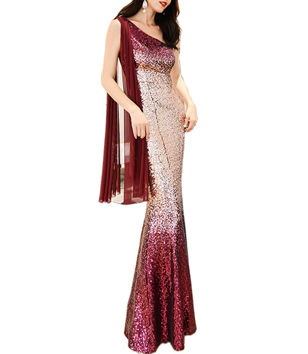Women's Mermaid Sequined Evening Prom Dress One Shoulder Bridesmaid Gowns (Burgundy,UK6)