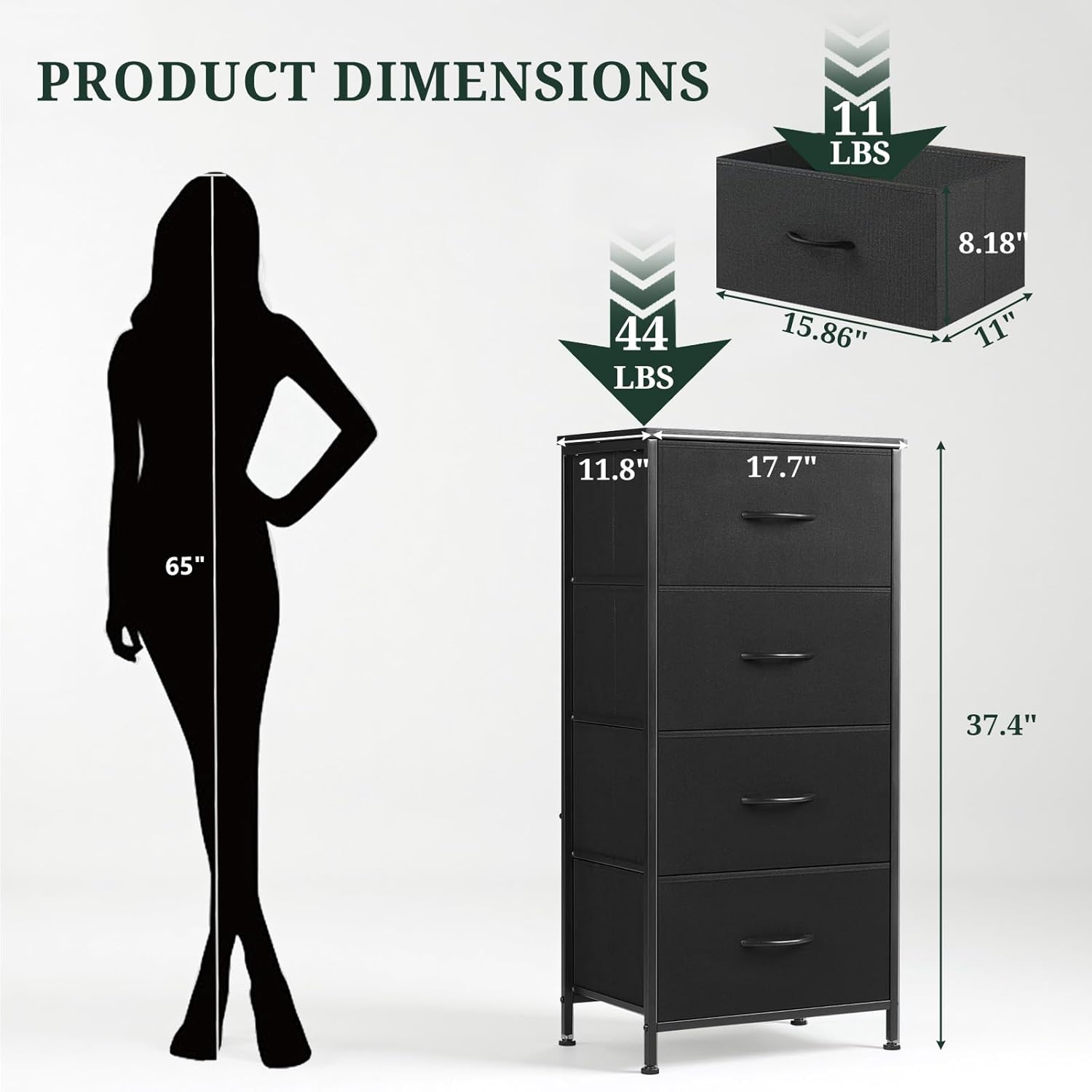 Nightstand, 4 Drawer Dresser End Table Bedside Furniture with Wooden Top Steel Frame Fabric Bins for Bedroom, Closet, Entryway, Dorm, Living Room, Black