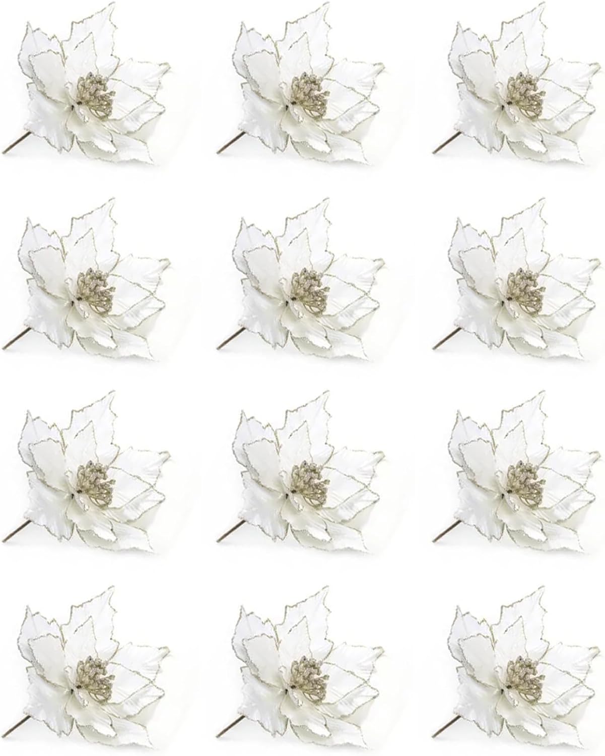 BestAlice 12 Pcs Christmas Poinsettia Flowers Artificial, 28 X 24cm Artificial Flowers Glitter Poinsettia Christmas Wreath Christmas Tree Ornaments with Stems for Xmas Wedding Party Decor, White