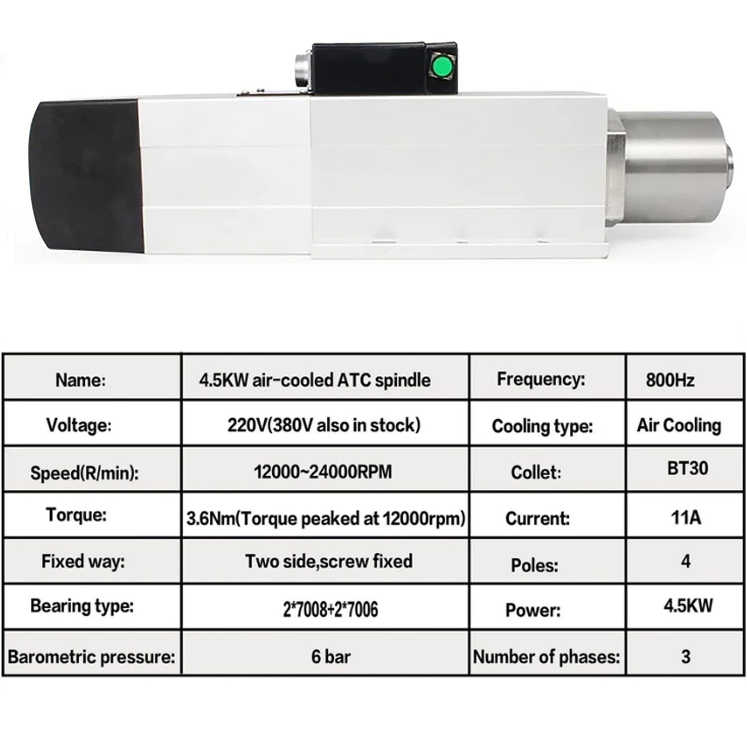 RATTMMOTOR CNC 4,5 KW, mandrino di raffreddamento ad aria, ATC, motore automatico cambio utensili, BT30,220 V, mandrino di fresatura ad aria, 24000 giri/min, 800 Hz per fresatura CNC