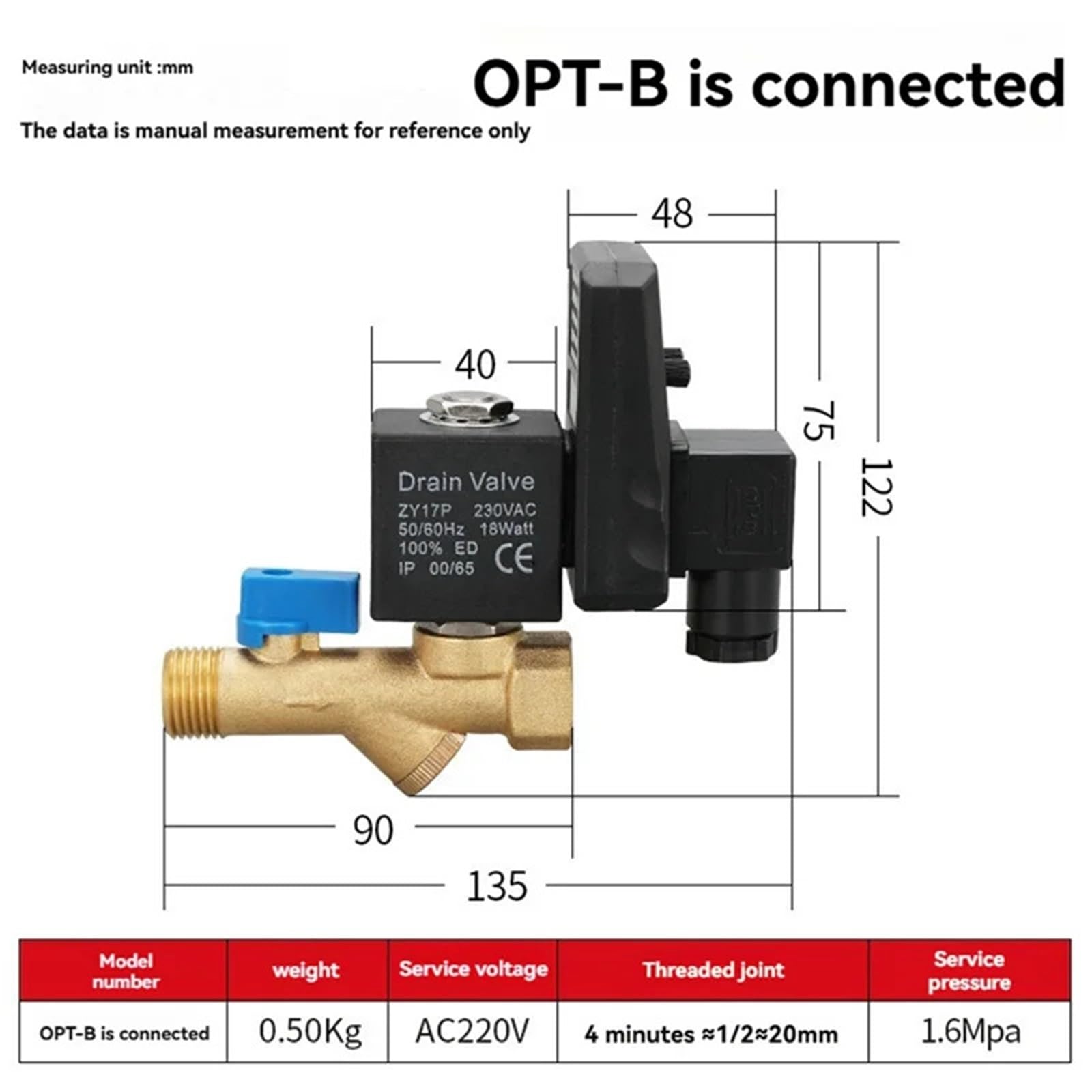Válvula solenoide de drenaje automático for compresores de aire, filtros secadores, fácil instalación OPT-B-AC220V (una pieza)