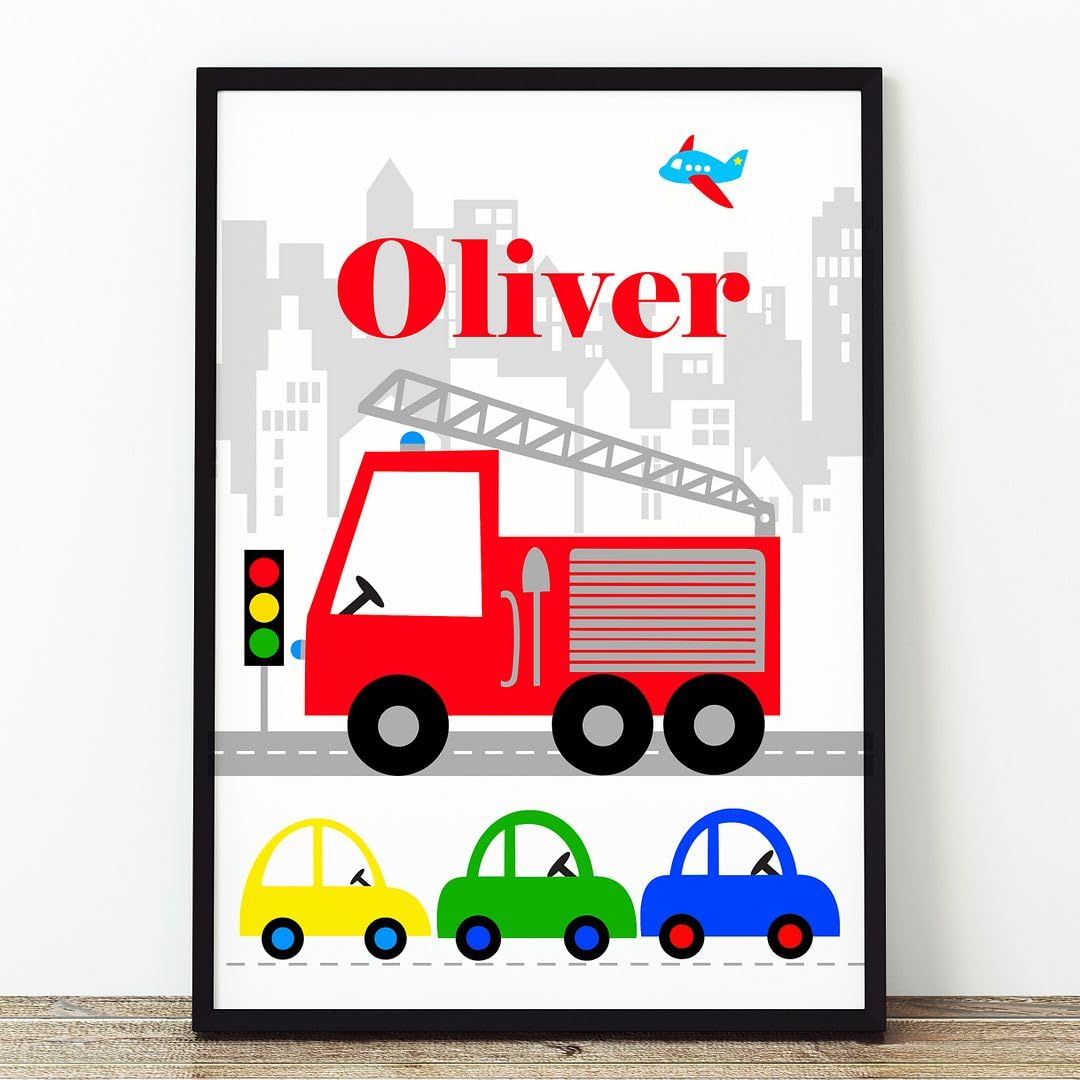 Rubybloom Designs Boys Personalised Engine Personalised Vehicle Cityscape Prints - A4 (21Cm X 29.7Cm) Unframed - Name Car Fire Engine Bus Picture Wall Art Gift Present Decor