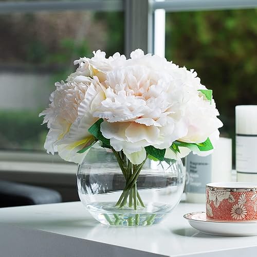 Miniatura 8 de Flor de peonía artificial con jarrón, arreglo de flores falsas en jarrón, flor artificial con jarrón, peonía sintética en jarrón de vidrio para
