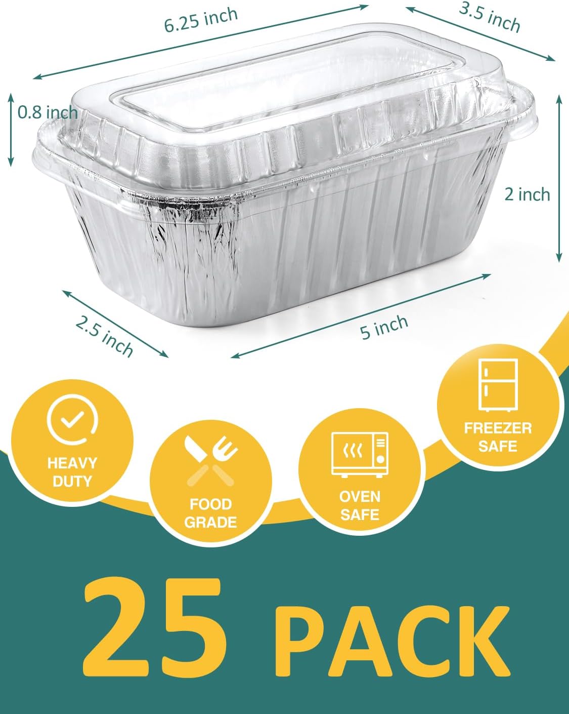 25 Pack 6x3.5x2 Disposable Aluminum Loaf Pans with Lids - 1 Lb Mini Loaf Pans, Small Aluminum Tin Foil Baking Pan, Food Containers for Baking, Cakes, Bread, Meat, Loaves - Image 2