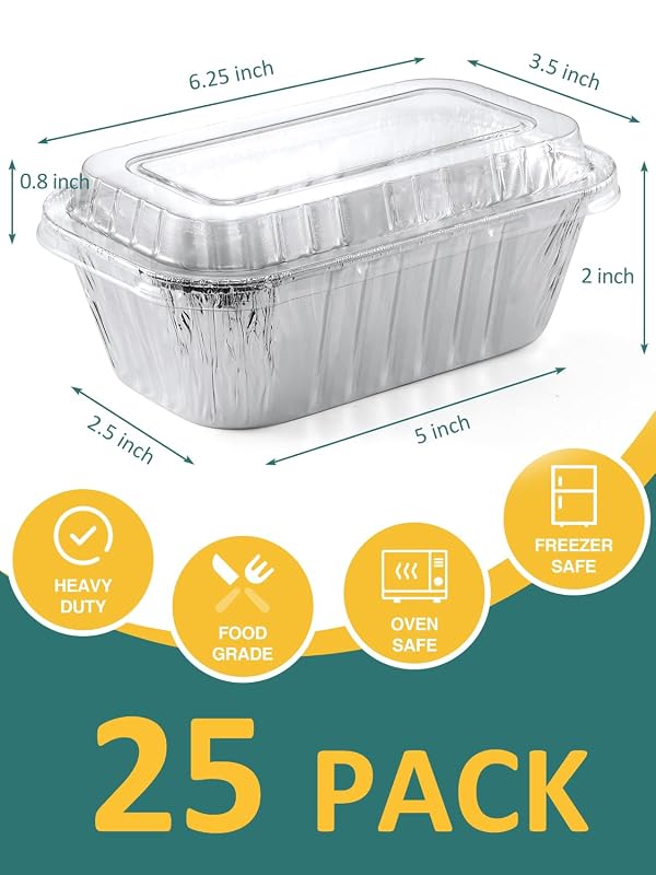 NEEBAKE 25 Pack 6x3.5x2 Disposable Aluminum Loaf Pans with Lids - 1 Lb Mini Loaf Pans, Small Aluminum Tin Foil Baking Pan, Food Containers for Baking, Cakes, Bread, Meat, Loaves by NEEBAKE - Image 2