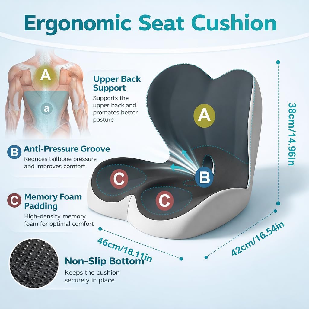 MOYEE Wide Memory Foam Seat Cushion with Lumbar Support for Office Chair & Car Seat, Ergonomic Design for Long Sitting, Gradual Relief & Lasting Support for Back, Tailbone & Sciatica Pain