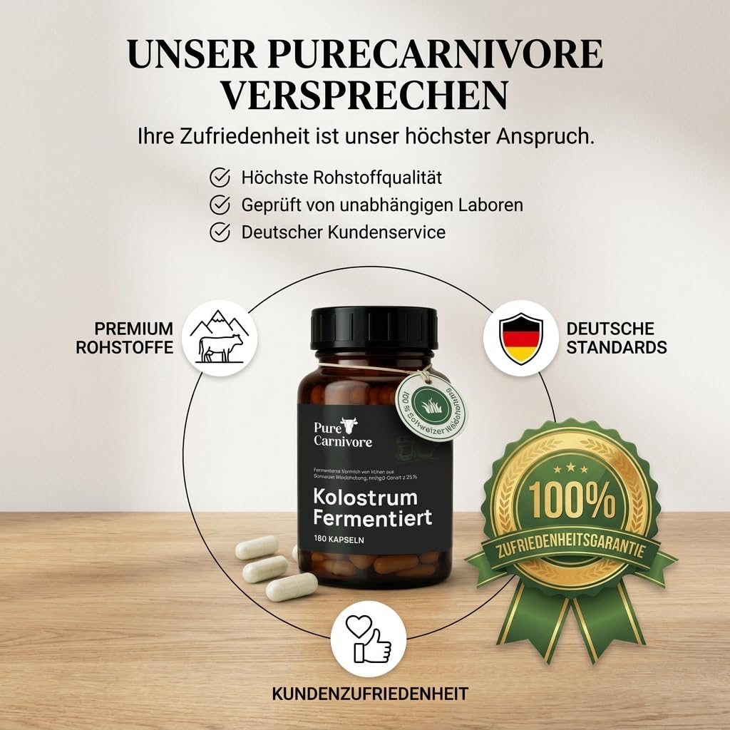 Colostrum Kapseln (180 Stück) | Fermentiertes Bio Colostrum aus Schweizer Weidehaltung | ≥ 25% IgG | Ohne Zusätze | Abgefüllt in Deutschland | PureCarnivore