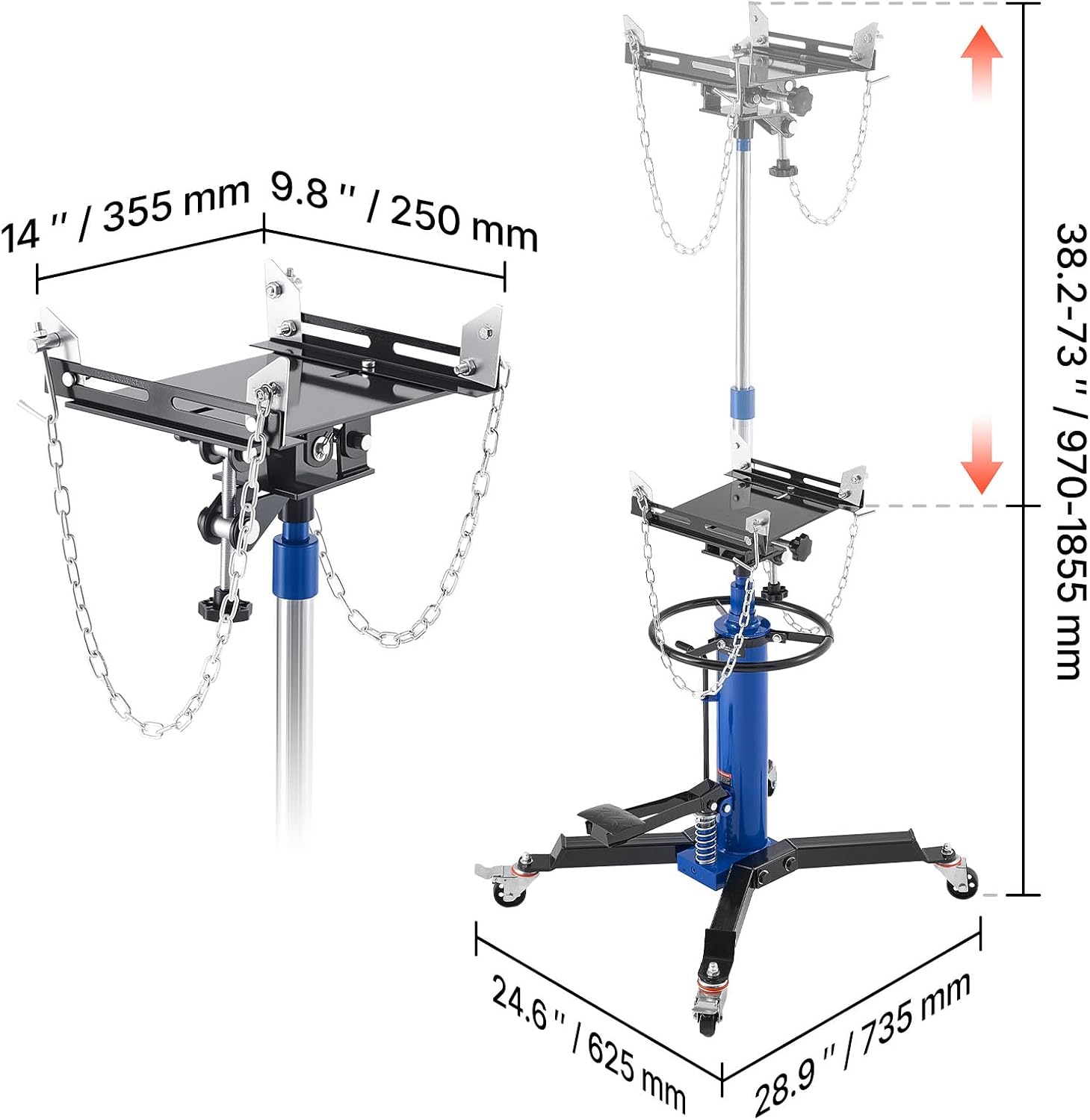 Hydraulic Transmission Jack, 1660 lbs / 0.75 Ton Lifting Capacity Telescoping Transmission Jack with Foot Pedal, 360° Swivel Wheel, 34.6-69.3 in High Lifting Height, Lift Hoist for Garage/Shop