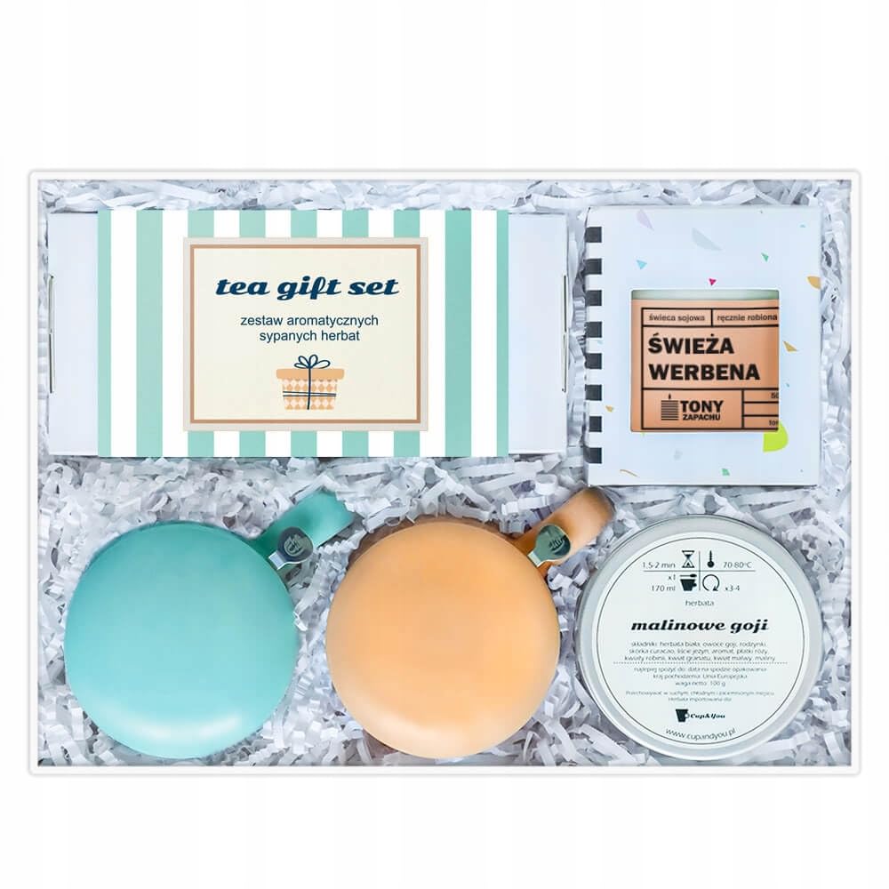 ZESTAW BIG BOX "TEA GIFT SET" - HERBATY SYPANE ŚWIECA SOJOWA KUBKI Z ZAPARZACZAMI NA PREZENT UPOMINEK DLA KOBIETY FACETA DZIEWCZYNY CHŁOPAKA MAMY TATY BABCI DZIADKA