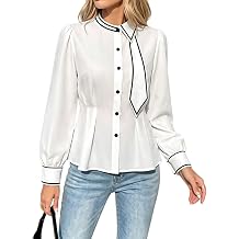 Elegant Women Chiffon Blouse,Tie Neck Puff Long Sleeve ButtonFront Shirt