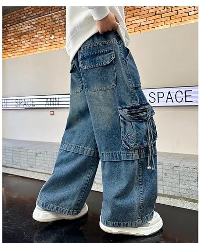 JiAmy chłopięce jeansy z elastycznym paskiem, Baggy Jeans dla chłopców, szerokie nogawki, Y2k, dziecięce spodnie cargo, bawełniane jeansy dla chłopców i dziewczynek 120-160 (5-13 lat), 120