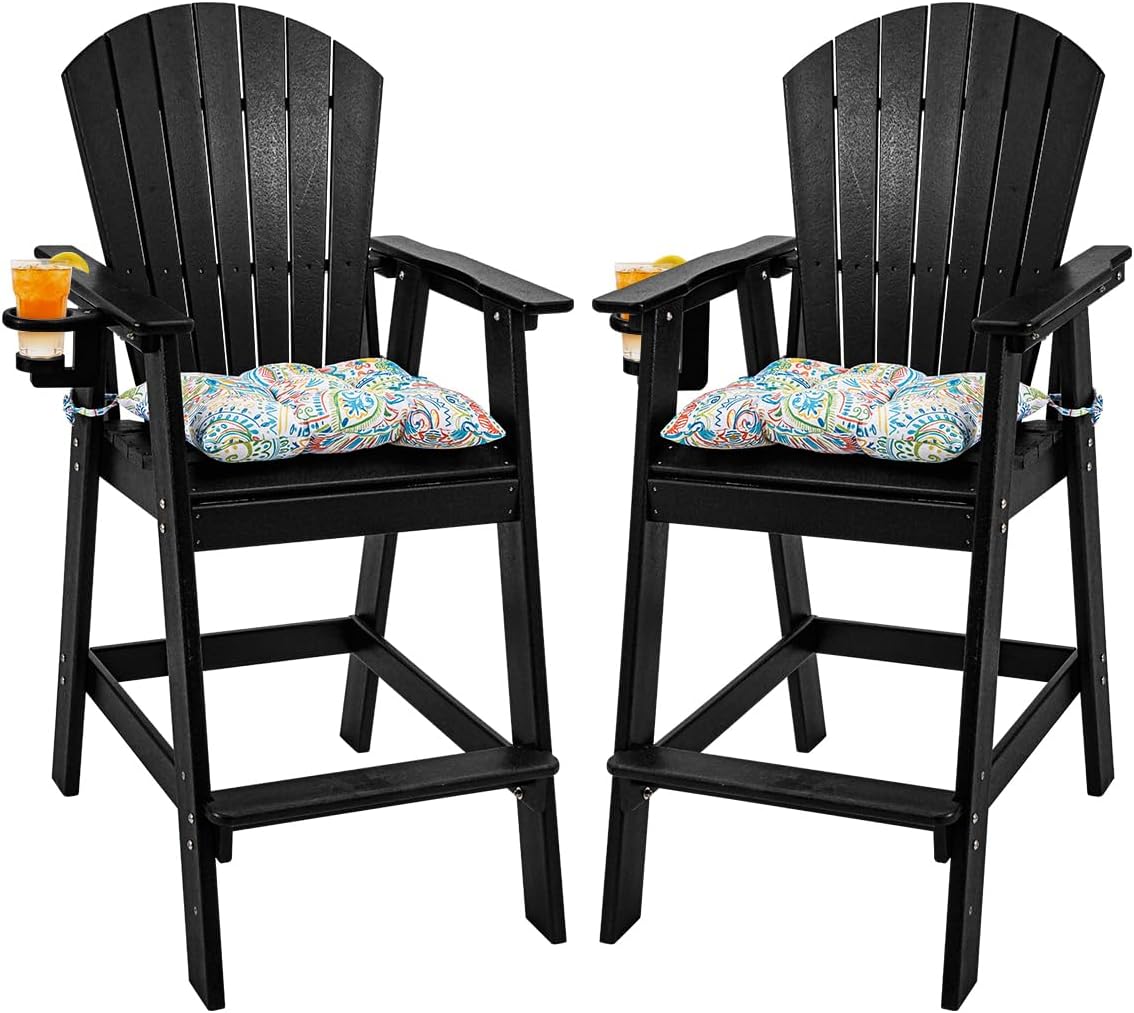 Sundale Outdoor Tall Adirondack Chairs Set of 2, 30 Inch Seat Height Patio Adirondack Bar Stools, HDPE Pub Chairs with Backrest, Tall Bistro Dining Counter Stool with Cushion, All-Weather, Black