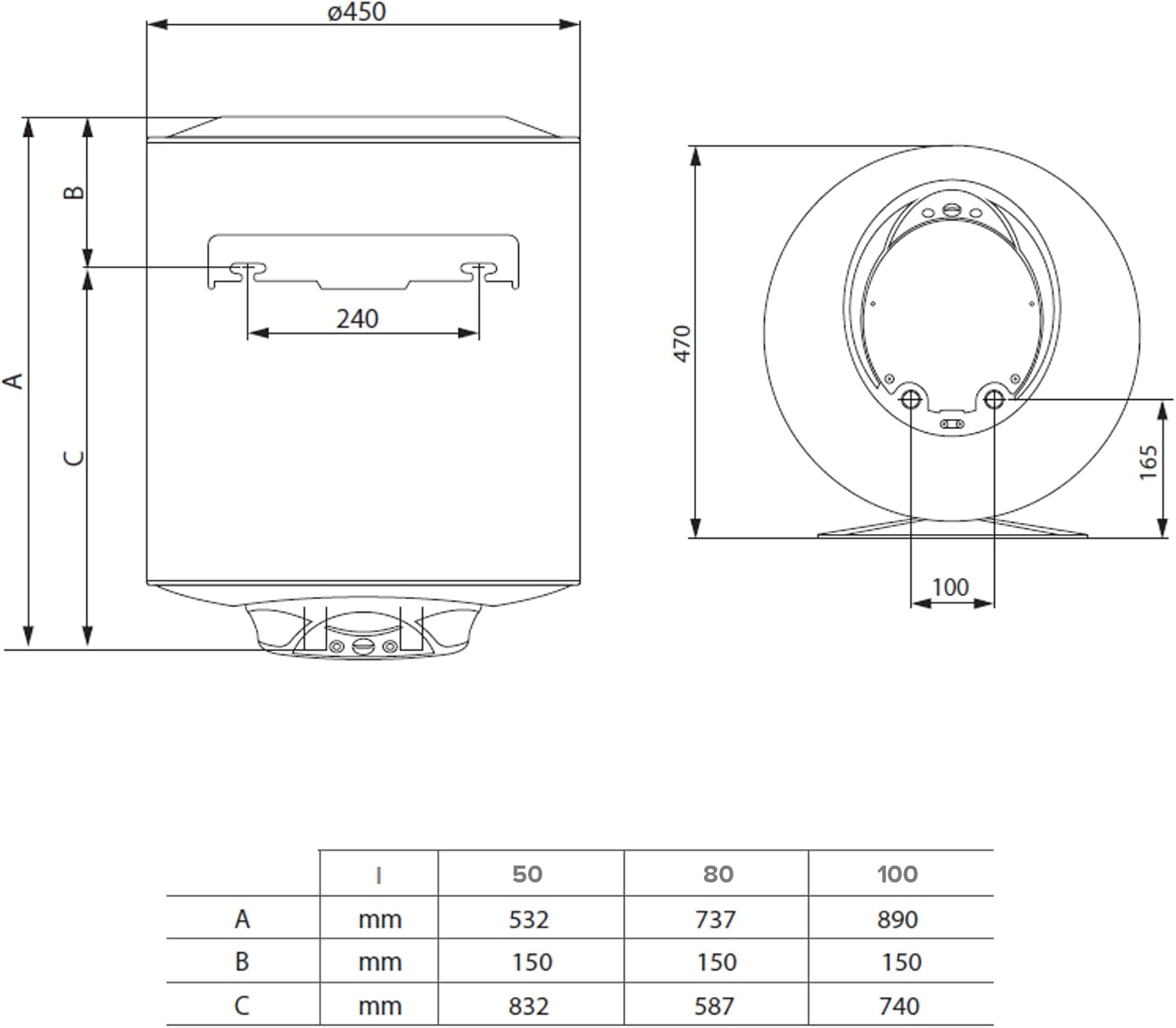 Ariston PRO 1 ECO Technical Dimensions Diagram