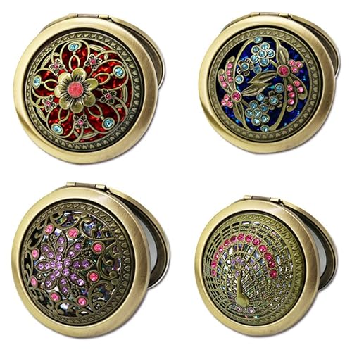 Rich Boxer 4 Pcs Vintage Foldable Mirror Metal Vanity Mirror Travel Mirror Makeup Mirror Pocket Mirror Double Sided Compact Cosmetic Mirror, Bronze, Random Style #TOP4