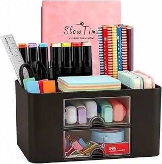 Kreativer & einfacher Schreibtisch Organisator, 6 kariert, Kunststoff Tisch Organisator mit Schublade, multifunktionaler Schreibtisch-Organisator, Stifthalter für Schule, Büro, Zuhause (Schwarz)