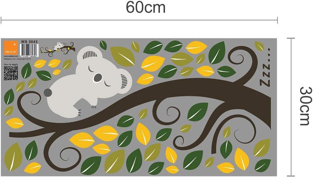Walplus 58x55 cm Wall Stickers "Sleeping Koala and Tree Branch" Removable Self-Adhesive Mural Art Decals Vinyl Home Decoration DIY Living Bedroom Décor Wallpaper Kids Room Gift, Multi-Colour