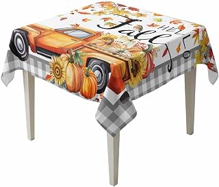 DecorLovee Hello Fall Orange Rectangle/Square/Round Waterproof Tablecloths 54x54 inch Thanksgiving Maple Leaf Grey Plaid Polyester Table Cloth Table Cover Tabletop Decorations for Wedding Buffet Party
