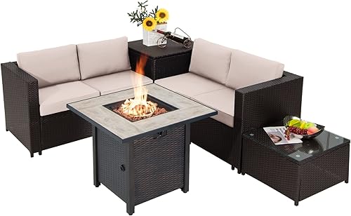 Tangkula Juego de muebles de patio de 5 piezas con mesa para fogata de gas de 30 pulgadas, juego de sofá seccional de mimbre para exteriores con