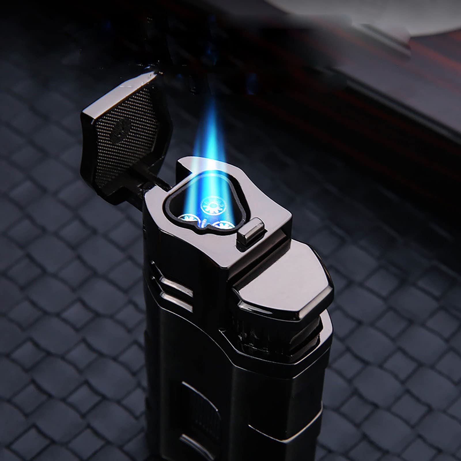 Jet Torch Encendedor de Cigarros Butano 3 Llama Azul Encendedor a Prueba de Viento con Cortador de Cigarros Ventana de Gas Visible Sin Combustible,Black