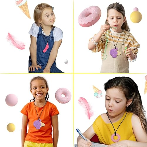 Miniatura 7 de Collares masticables para niñas sensoriales, paquete de 4 collares masticables sensoriales para niños, juguetes de silicona para masticar orales