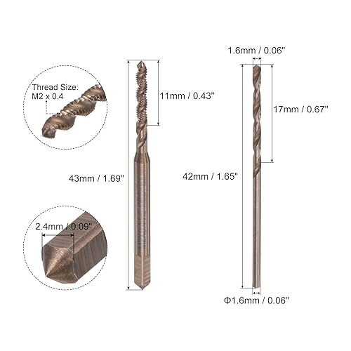 Miniatura 2 de uxcell M2 x 0.4 espiral flauta grifo y 0.063 in Twist Drill Broca Set, métrica M35 cobalto alta velocidad máquina roscado rosca rosca herramienta