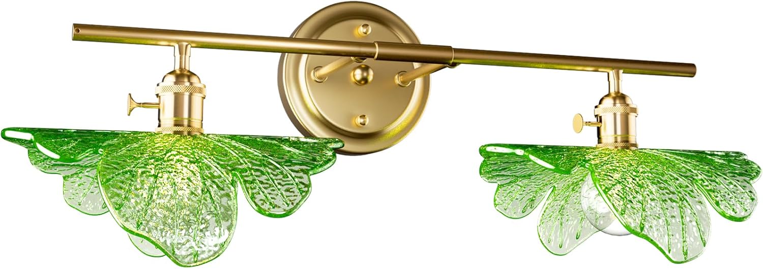 2 Light Vintage Wall Sconces with Glass Shades,Vanity Light,Bathroom Light,Wall Lighting Fixture for Mirror,Home Decor Art Wall Light (Golden+Blue, 2-Lights)