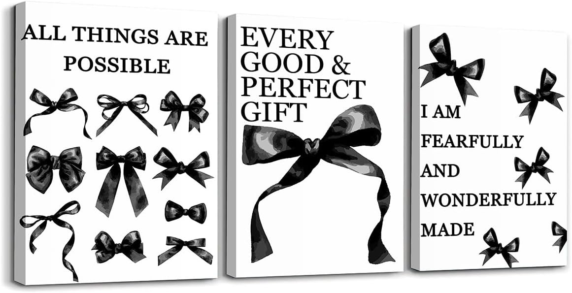 Feelyou 3Pcs Black Bows Wall Art Preppy Watercolor Bows Canvas Posters Prints Girly Aesthetic Wall Decor Pictures for College Apartment Bedroom Decoration，12 inch x 16 inch x 3pcs