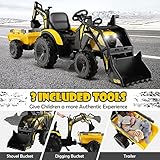 COSTWAY 3 in 1 Ride on Tractor and Trailer, 12V Battery Powered Electric Excavator Bulldozer with Shovel Bucket, Digger, Remote Control, LED Lights, Music, MP3 & USB Port (Yellow) - Image 2