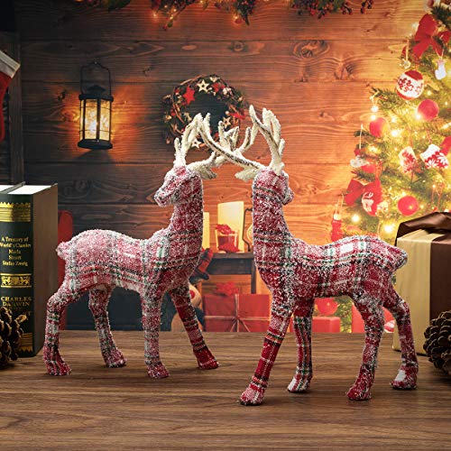 Arcci Plaid Reindeer Decorations Christmas Standing Deer Figurines, 9" X 12" Reindeer Figure For Table Top Shelf Office Desk Holiday Decor - Pack Of 2 #TOP3