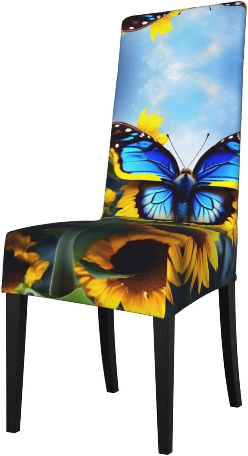 Sunflower Blue Butterfly Prints Protection Cover for Dining Chair - Stretchable Chair Throw Covers for Dining Room, Hotel Event Party