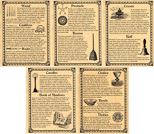 The Grimoire Book of Shadows Pages, Set of 5 Pages on Wiccan Ritual Tools and Supplies, Witchcraft (Gold)