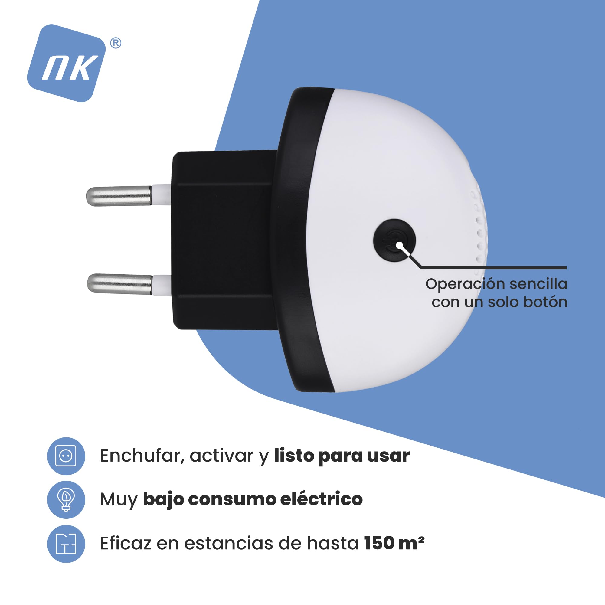 NK Repelente Ultrasónico Antimosquitos Electrónico - Control por Botón, Cobertura 150 m², Uso Interior, Blanco y Negro