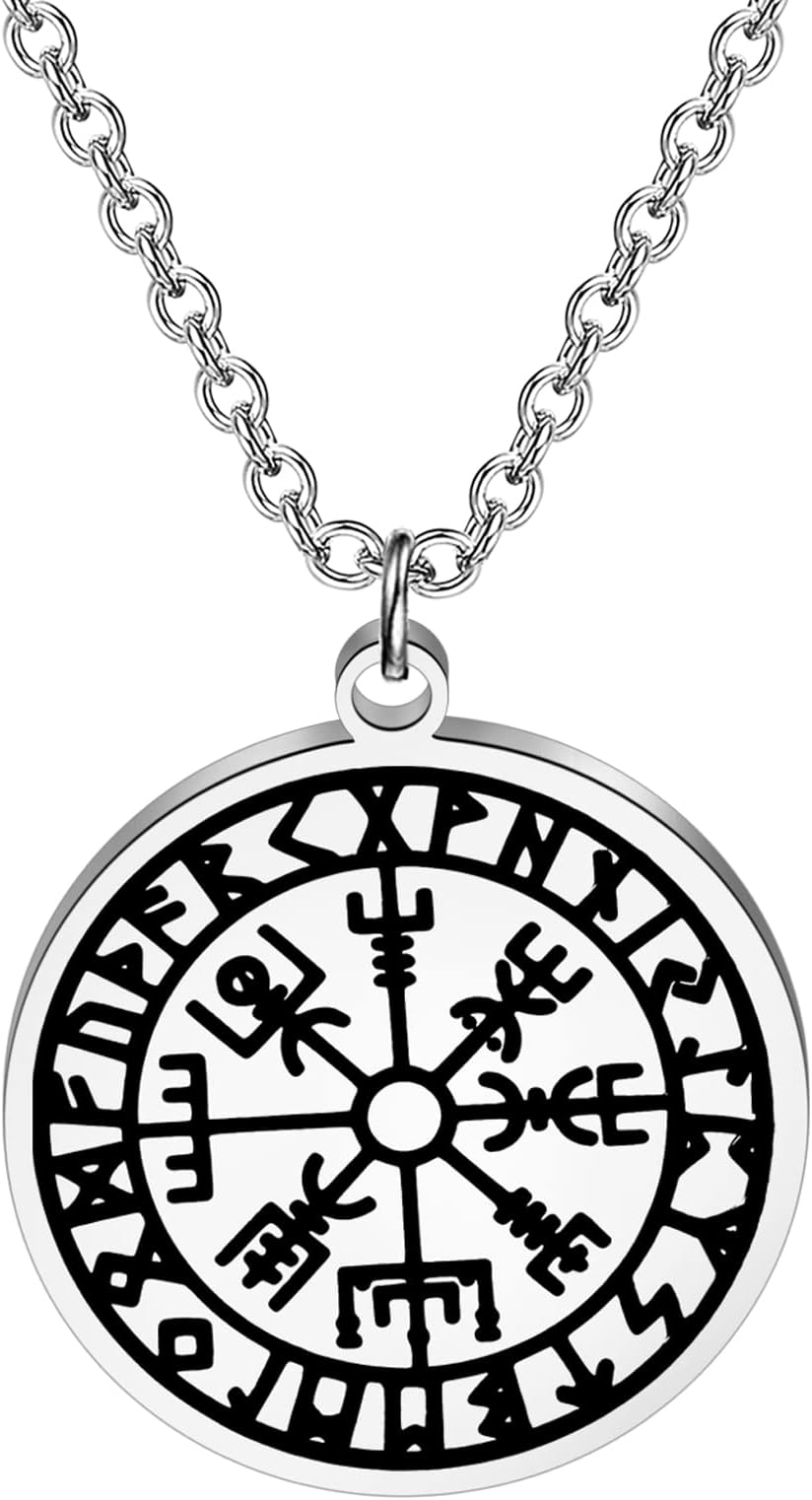 CENWACENWA Viking Compass Norse Runes Pendant Necklace Stainless Steel Viking Jewelry
