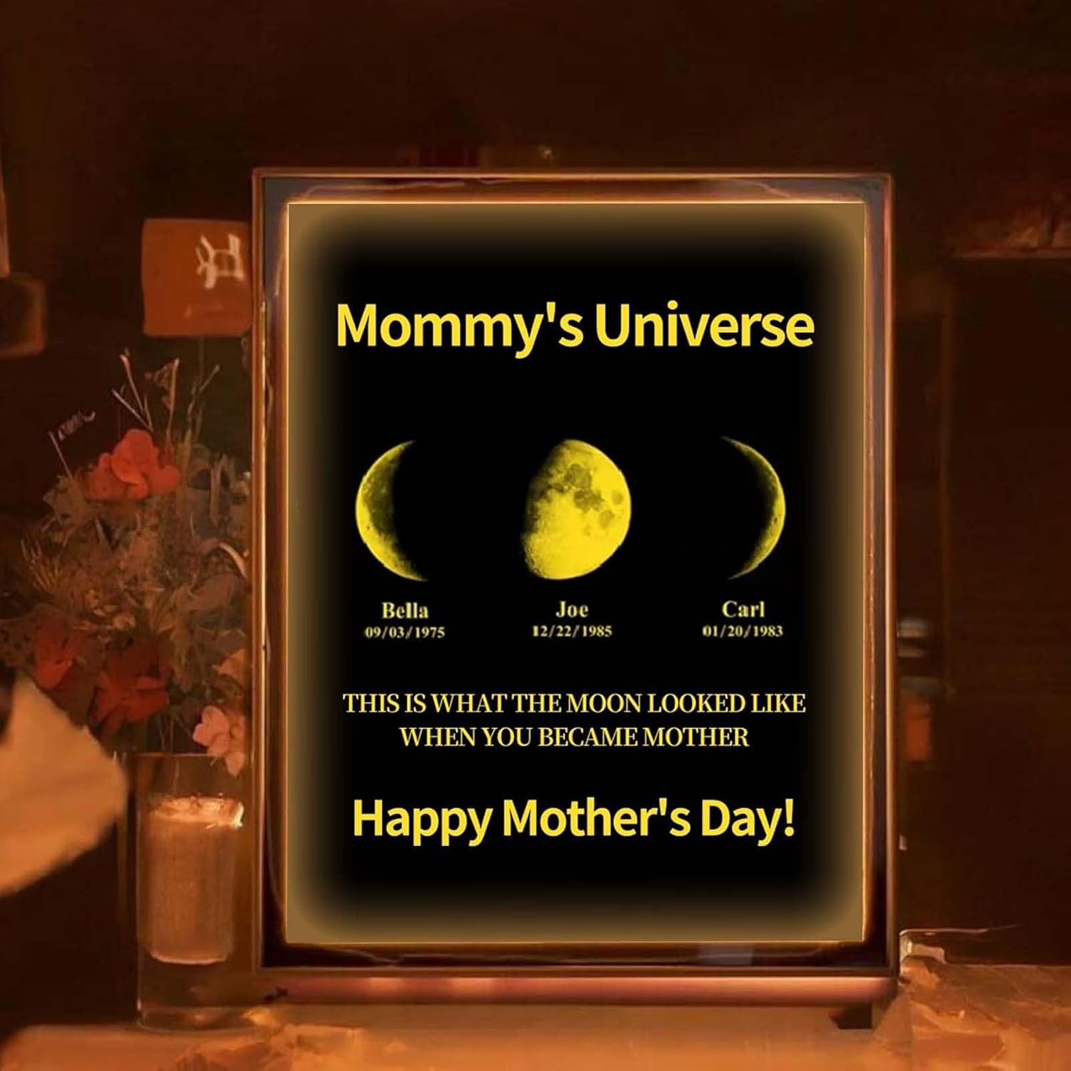 Personalized Mom Mirror Light Custom Family Moon Phase Night Light Led Light Up Name Mirror with Kids Name Mothers Day Gifts for Mom Grandma Birthday