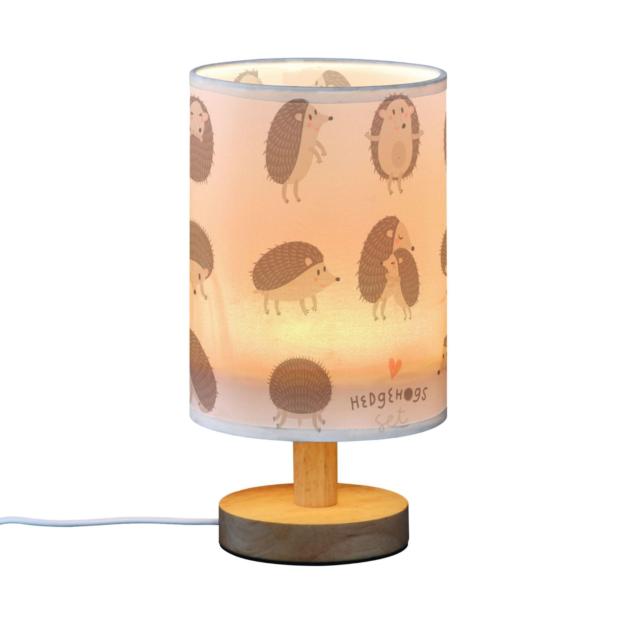 YYZZH Table Lamp Cute Hedgehog Cartoon Pattern Nightstand Lamp with Wood Base Fabric Lamp Shade Bedside Desk Lamp for Living Room Bedroom Kids Room Office