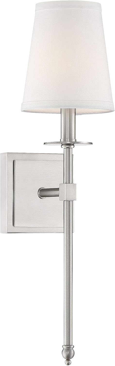 Savoy House 9-302-1-SN Monroe Bohemian Vintage Soft White Fabric Wall Sconce, 1-Light 60 Watt, 20" H x 5" W, Satin Nickel