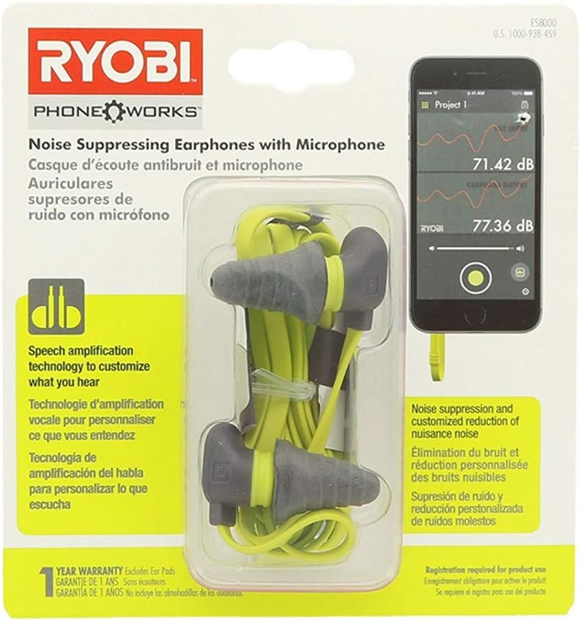 Ryobi ES8000 Phone Works Jobsite Noise Suppressing Earphones with Voice Amplifying Microphone